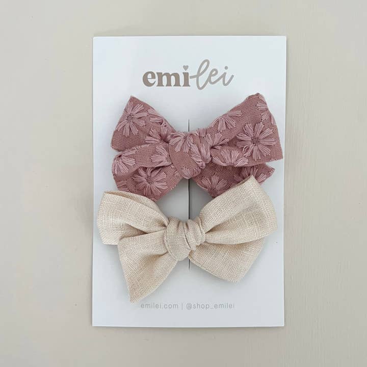 Emi Lei - Wholesale Hair Bow - Kids - Alligator Clip Bow Set- Embroidered Blush/Ivory