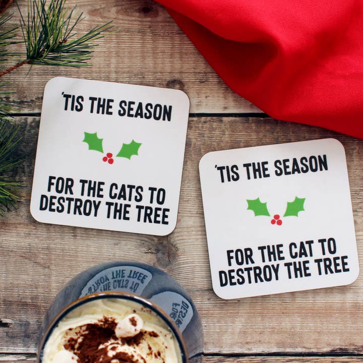 Tis the season Christmas cat coaster for wholesale by Purple Tree Designs