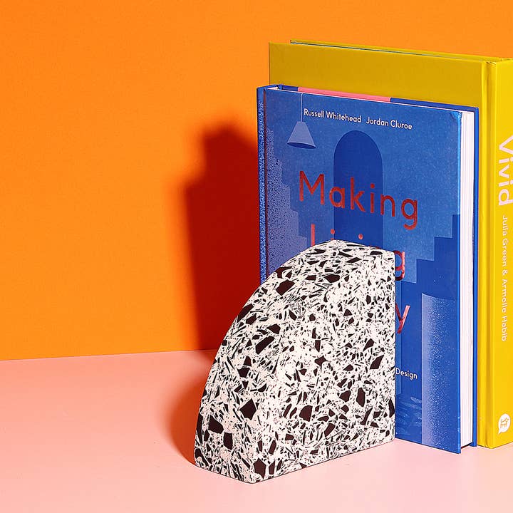Moonlight White and Black Quarter Circle Terrazzo Bookend for wholesale by Hey Kiddo Co.