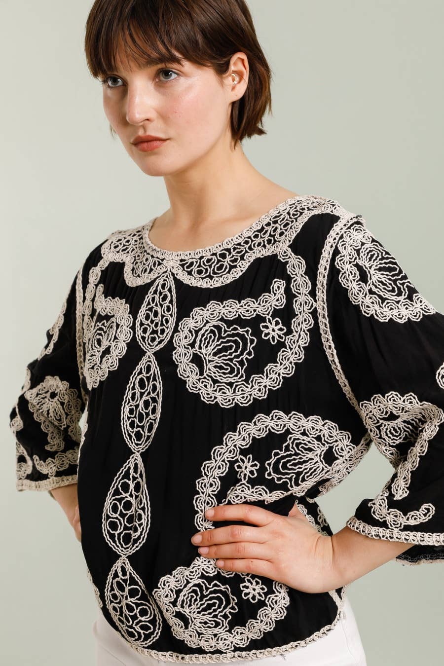 DIX-ONZE - Wholesale T-Shirt - Women's - Embroidered Top with 3/4 Sleeves – Ornamental Patterns1