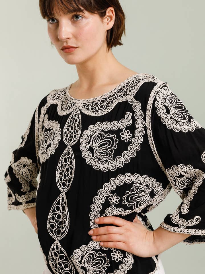 DIX-ONZE - Wholesale T-Shirt - Women's - Embroidered Top with 3/4 Sleeves – Ornamental Patterns1