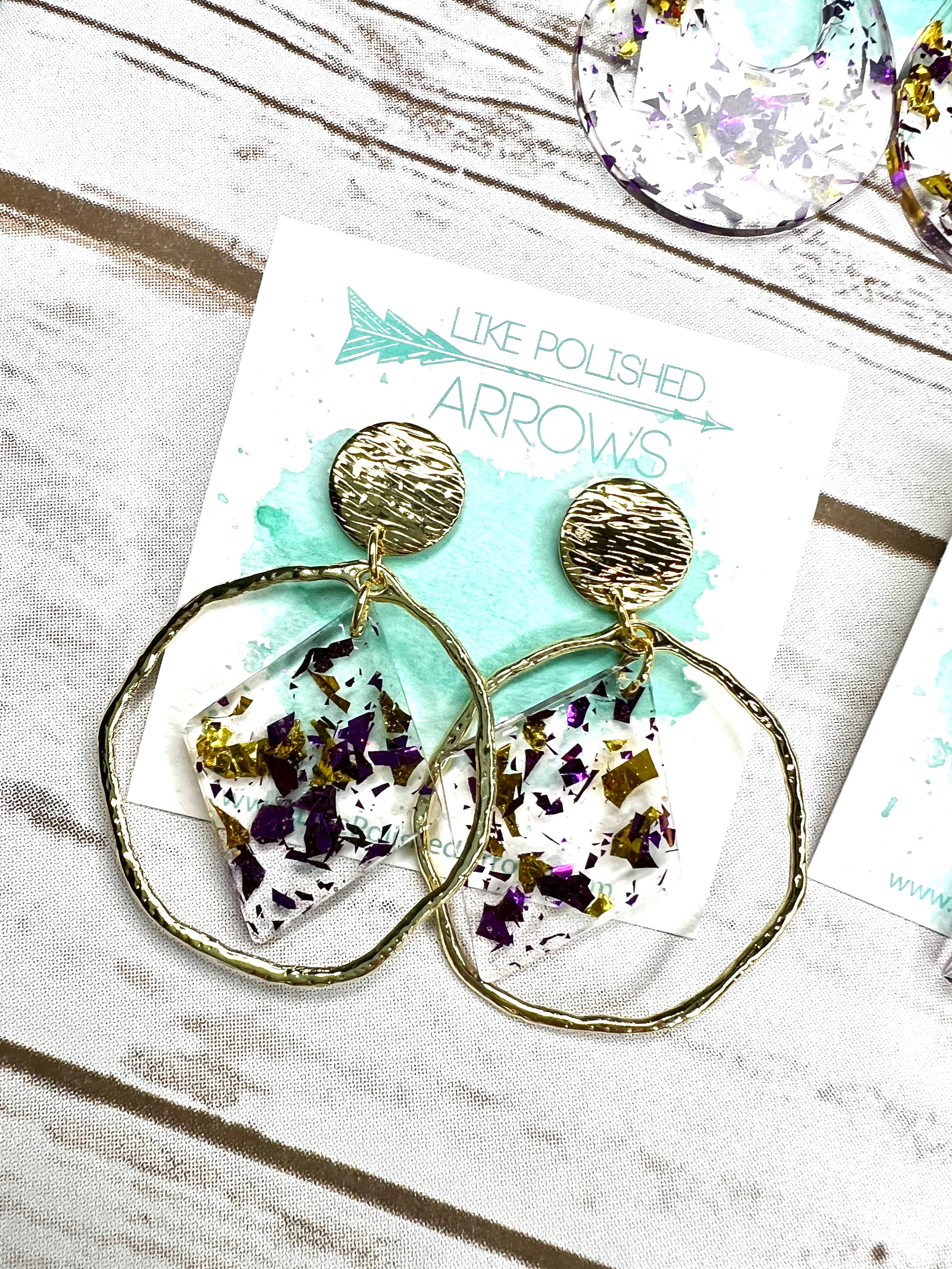 Like Polished Arrows, LLC - Wholesale Jewelry Set - Gameday Purple and Gold School Colors Resin Foil Earrings4
