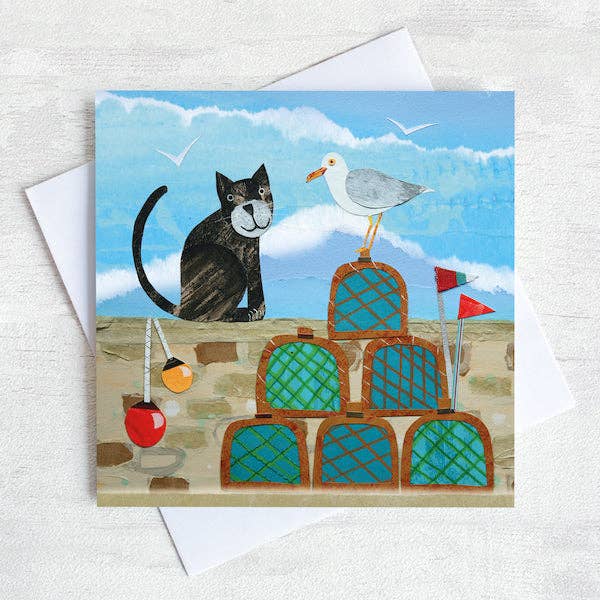 Cat & Lobster Pots Coastal Greetings Card for wholesale by Joanne Wishart
