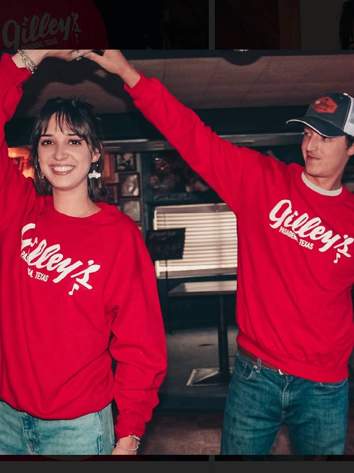 Gilley's Logo (white ink) on Red Sweatshirt for wholesale by Bling-A-GoGo, LLC