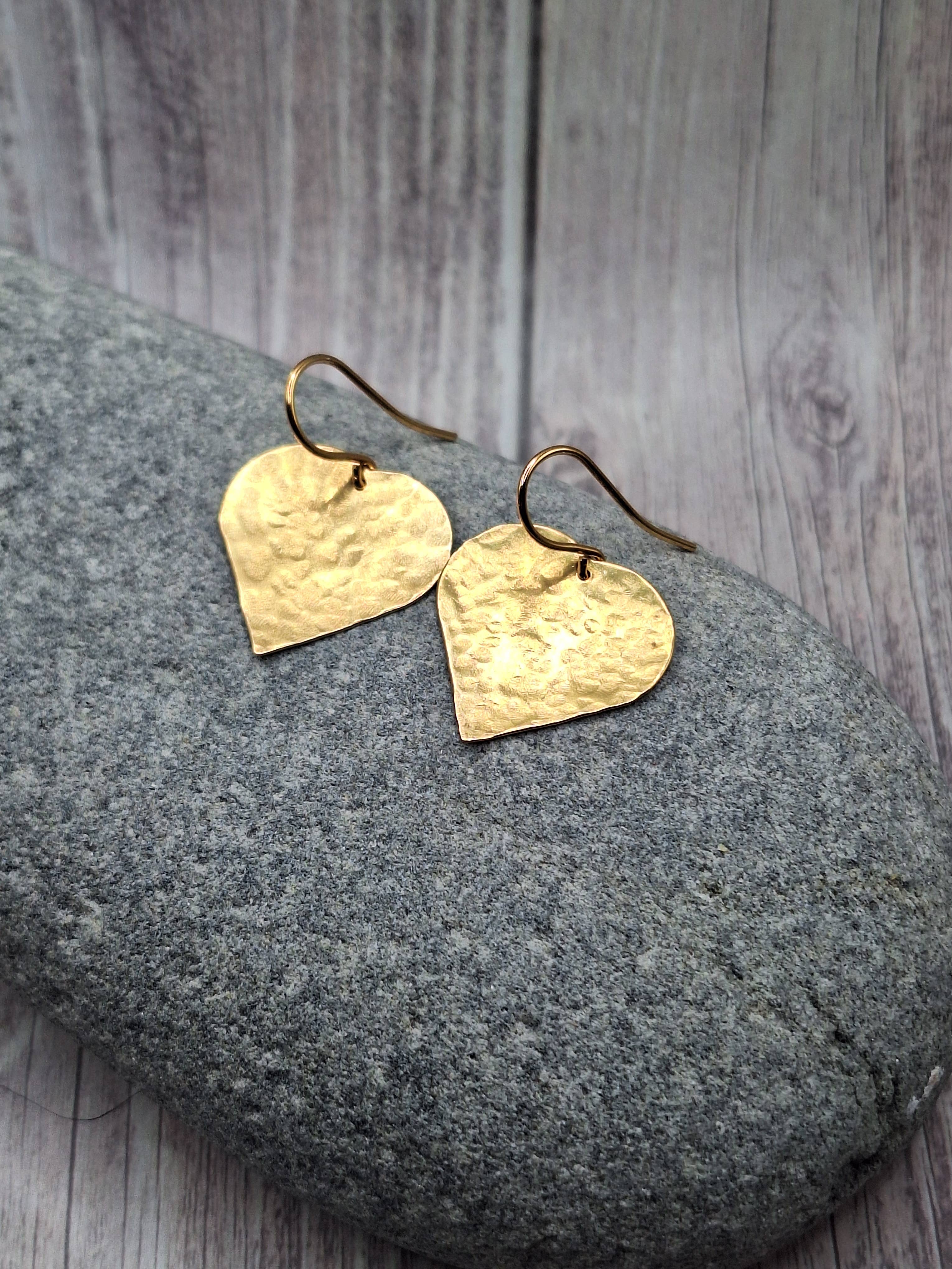 Harper House Studio - Wholesale Dangle Earrings - Rustic Heart Earrings in Hammered Brass – Artisan Boho Style1