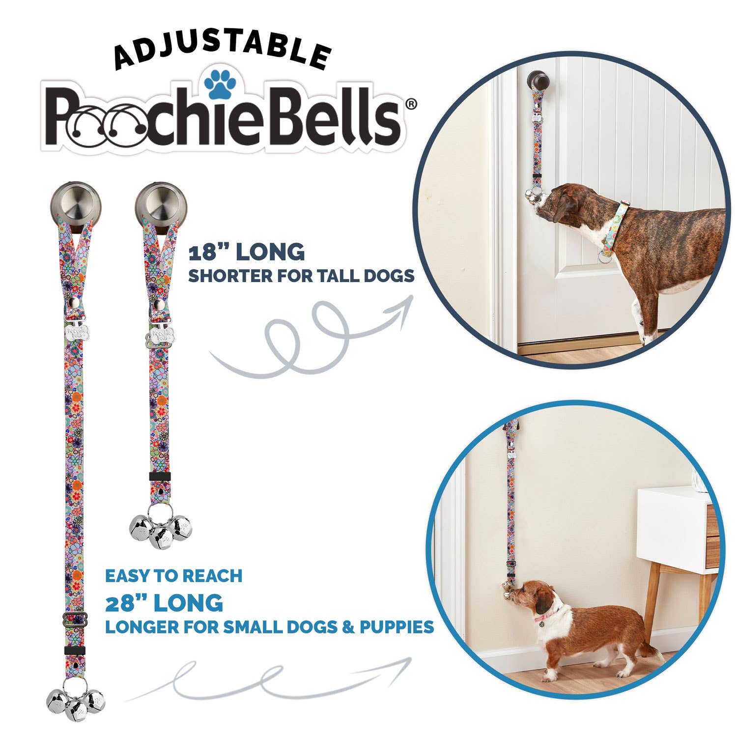 Poochie-Pets – Engroshandel Rengøringsartikler til kæledyr – PoochieBells® Justerbare Hundedørklokker - Havefest3