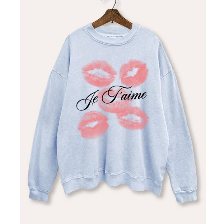 JE T'AIME FRENCH KISS LIPS GRAPHIC MINERAL SWEATSHIRT for wholesale by VINTAGE POINT USA