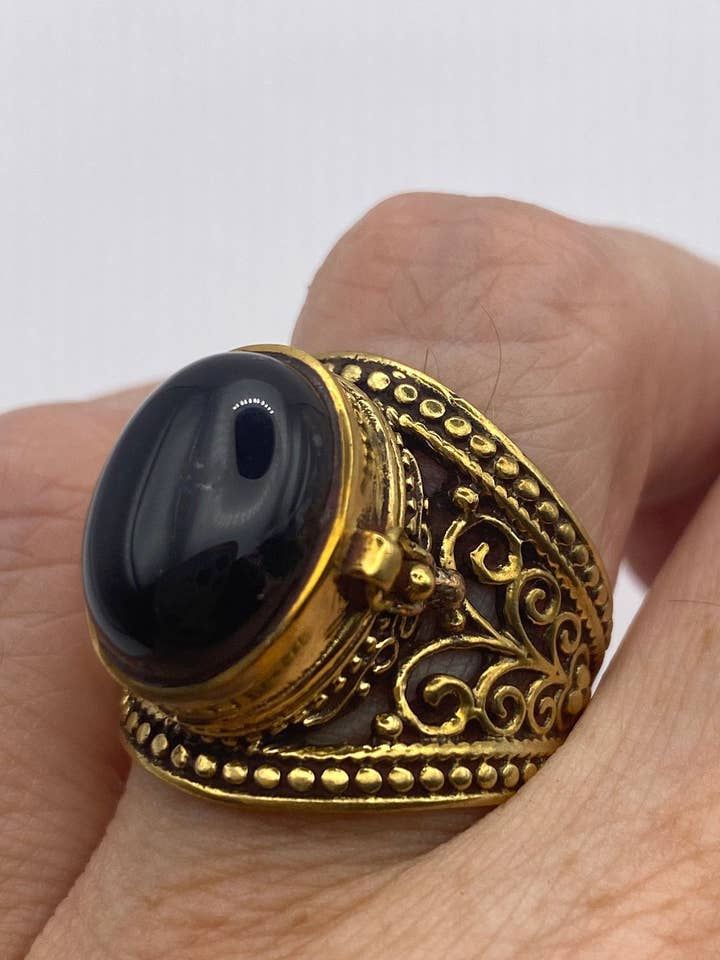 Vintage Black Onyx Brass Poison Pillbox Ring for wholesale by Nemesis Jewelry NYC