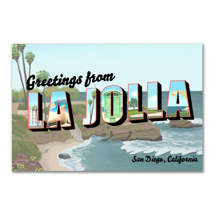 JessBecauseArtCo - Vendita all'ingrosso Cartoline - Saluti da La Jolla: cartolina retrò di San Diego1