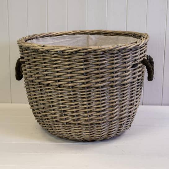 Willow Log Basket with Hessian Liner and Rope Handles TD48cm H36cm for wholesale by Geko Products