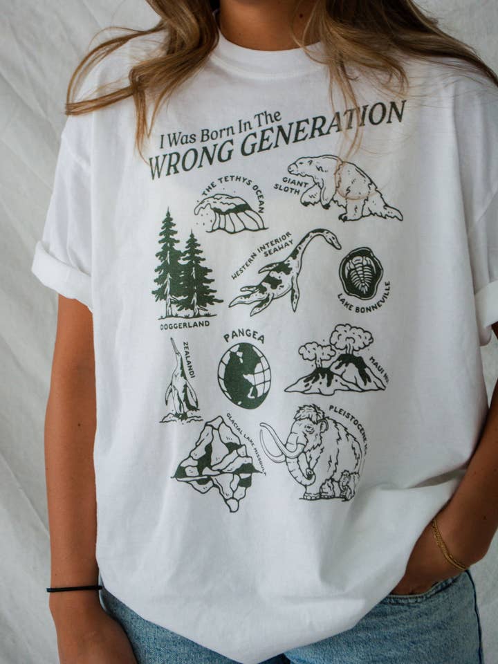 Traildust Goods - Wholesale Screen Printed T-Shirt - Women's - Wrong Generation Prehistoric Dinosaur Funny Tee (Green)1