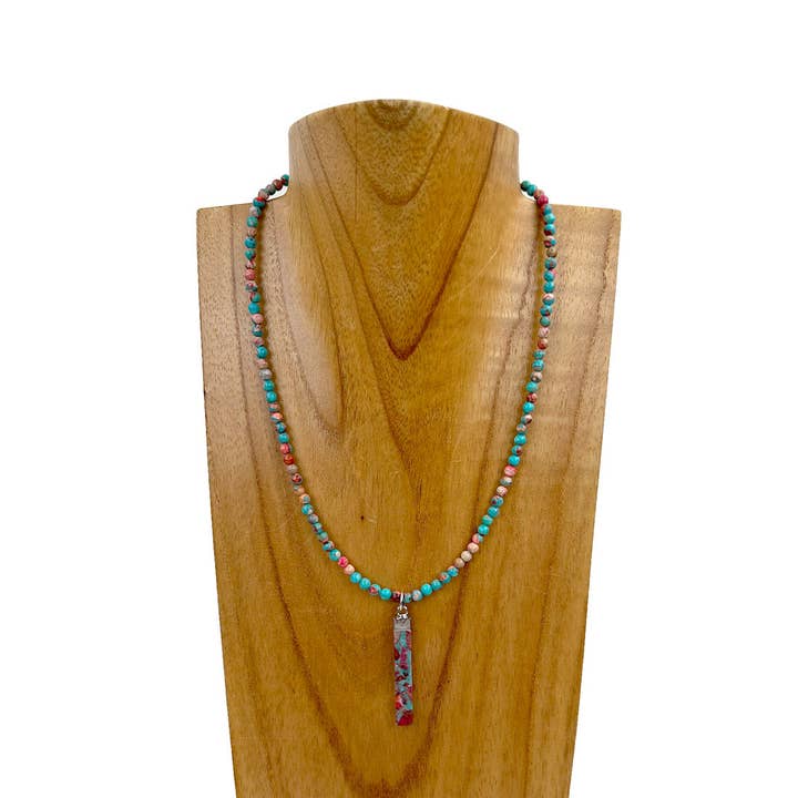 NKS230830-12 16 Inches oyster copper turquoise beads and long bar Necklace for wholesale by Western Elite Jewelry