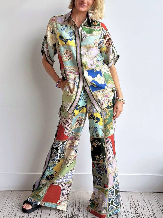 Color Block Bianca Floral Print Shirt & Pants Set for wholesale by Rosa Clothing