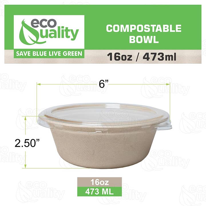 EcoQuality – wholesale Disposable plate – 16oz Compostable Heavy Duty Disposable Bowls w/Lids, Ecofrie