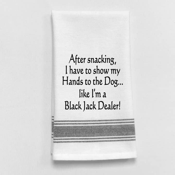 BB-A-121 White Kitchen Towel "After snacking, I have to..." for wholesale by Wild Hare Designs