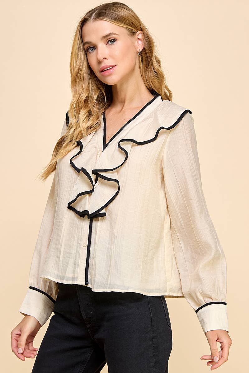 TCEC - Wholesale Button Down Shirt - Women's - CT9058-Contrast Binding V Neckline Blouse2