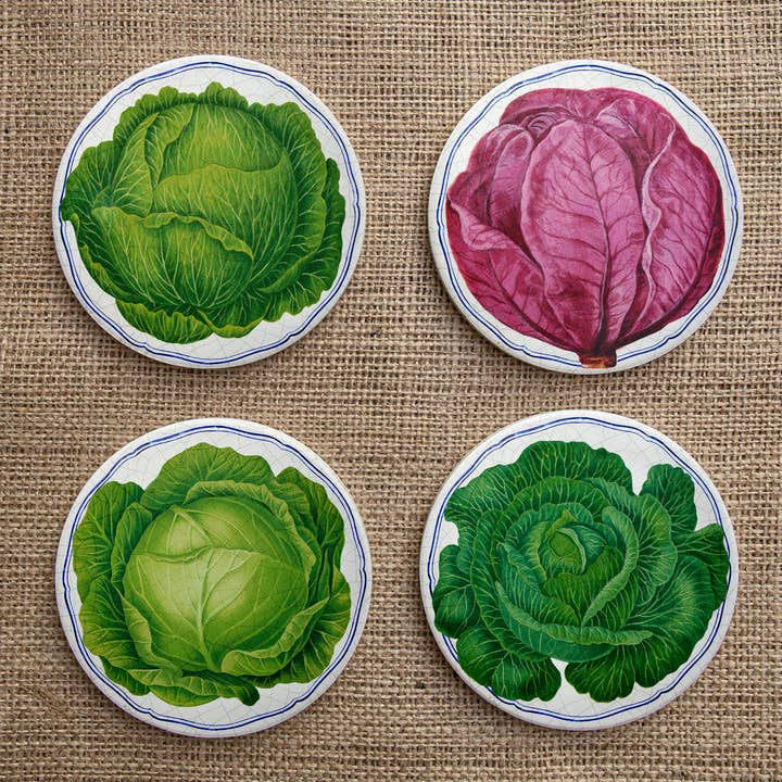 'Vintage produce' ceramic coaster set of 4 (cabbages) for wholesale by Reimagined by Anna Stark