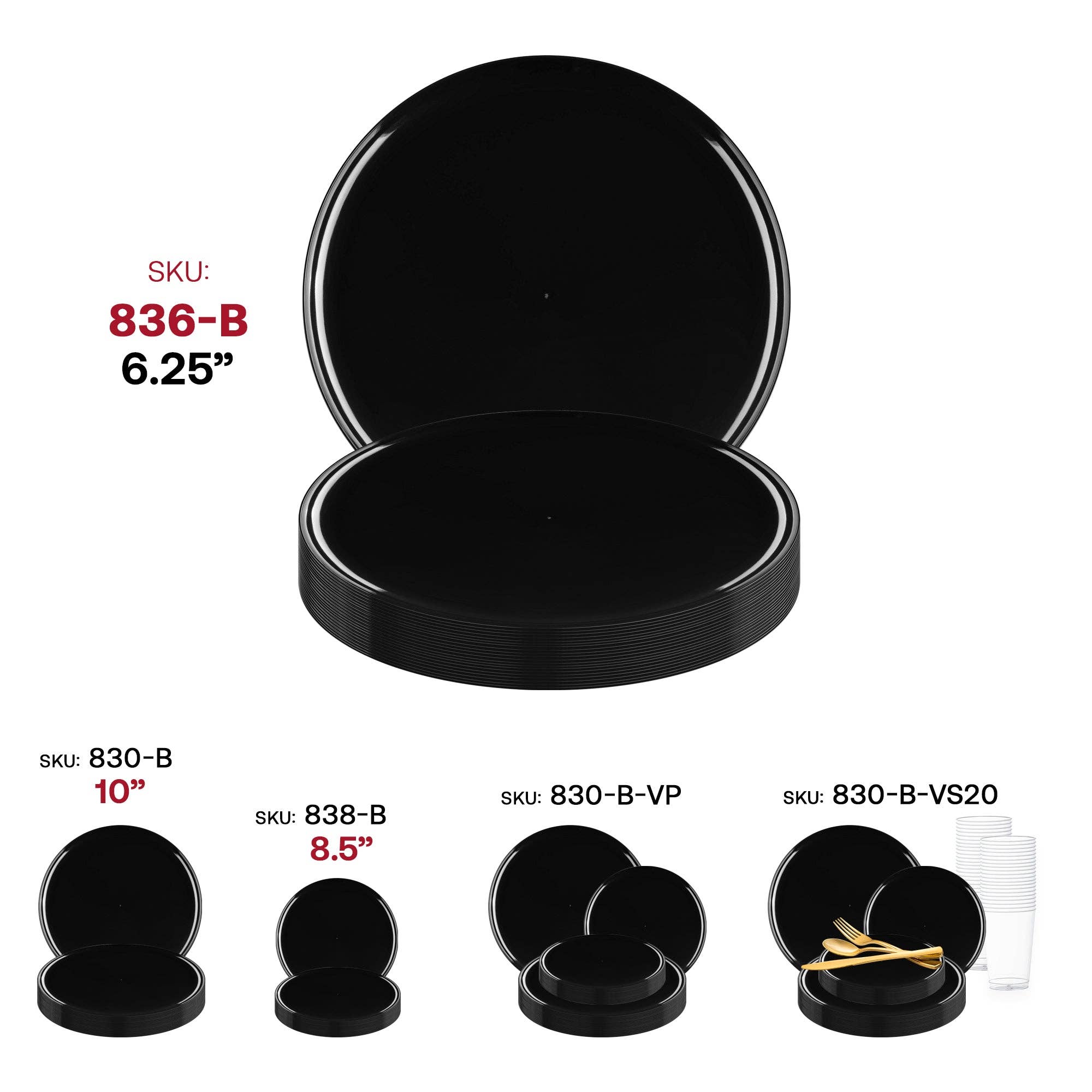 Smarty had a Party - Wholesale Disposable Plate - 6.25" Black Flat Round Plastic Pastry Plates - 10 pcs5