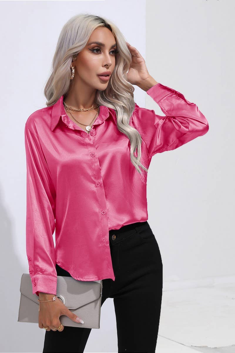 NINEXIS - Wholesale Button Down Shirt - Women's - CWTBLL0690_Button Down Silky Satin Long Sleeve Top88