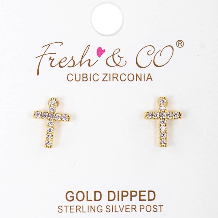 Fashion City - Wholesale Stud/Post Earrings - CZ Gold-Dipped Cross Earrings