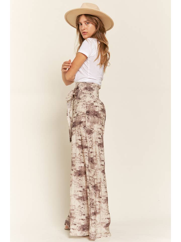 Multi Colored FRONT TIE SMOCKED HIGH WAIST TIE DYE PRINTED PALAZZO PANTS for wholesale on Faire6
