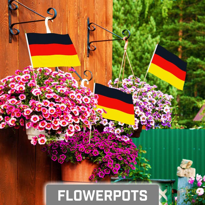 G128 - Wholesale Flag - G128 30 Pack Handheld Germany German Stick Flags | 8x12 In | Printed 150D Polyester, Country Flag, Solid Wooden Stick, Spear Gold Tip