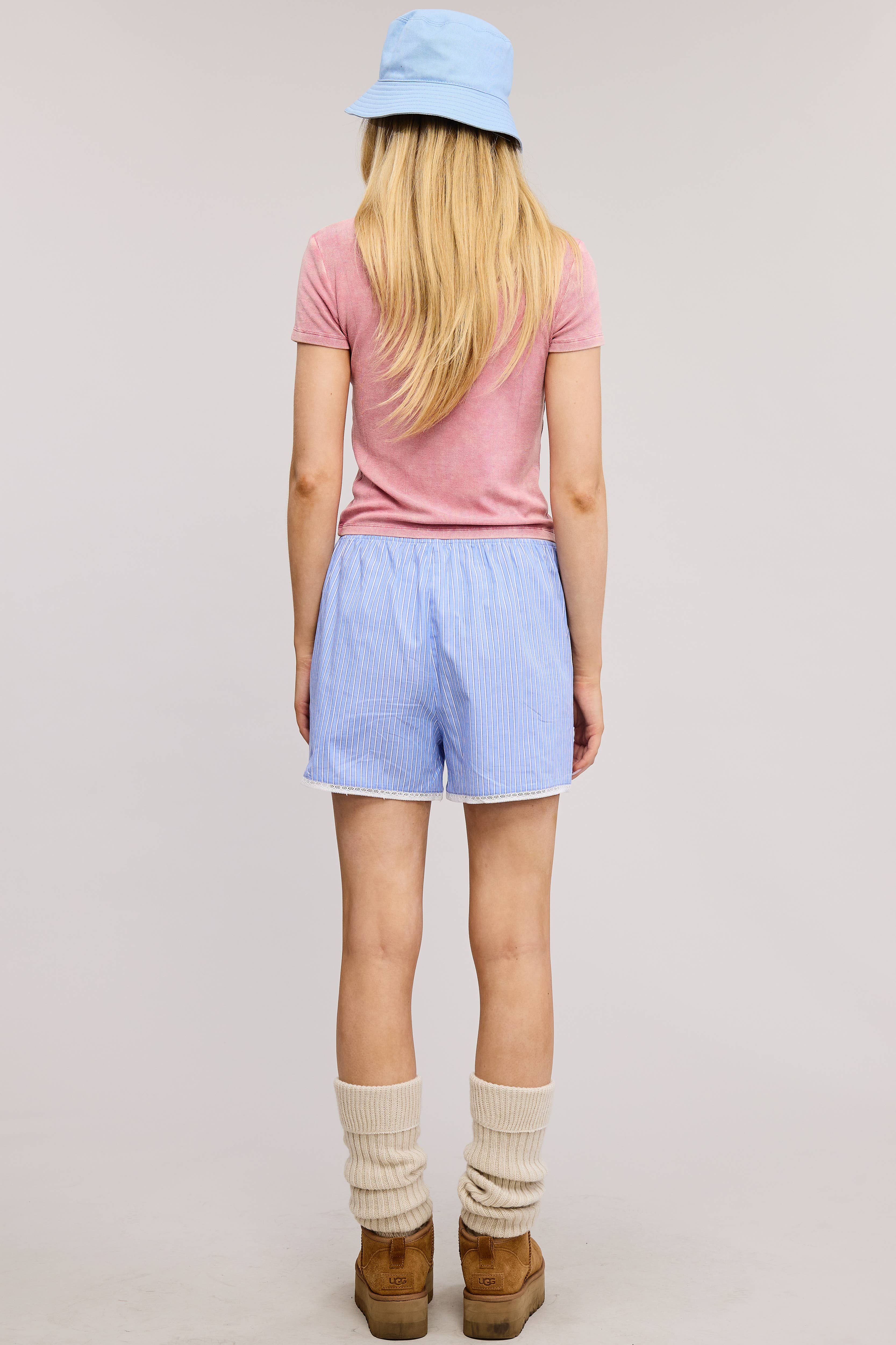 Mimosa - Wholesale Shorts - Women's - Scalloped Lace Hem Striped Boxer Style Shorts8