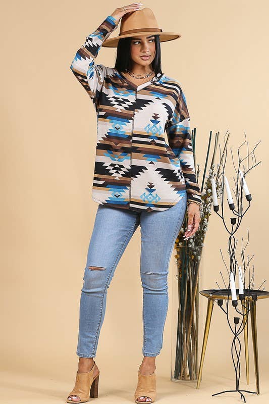 MARRÓN/TURQUESA AV1146-TOP CON DETALLE DE PESPUNTES Y ESTAMPADO AZTECA MEGAN de venta al por mayor en Faire3