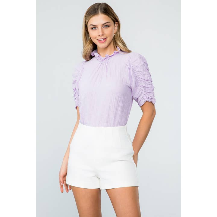Lilac Ruched Sleeve Top with Textured Fabric and Ruffle Neck for wholesale by THML