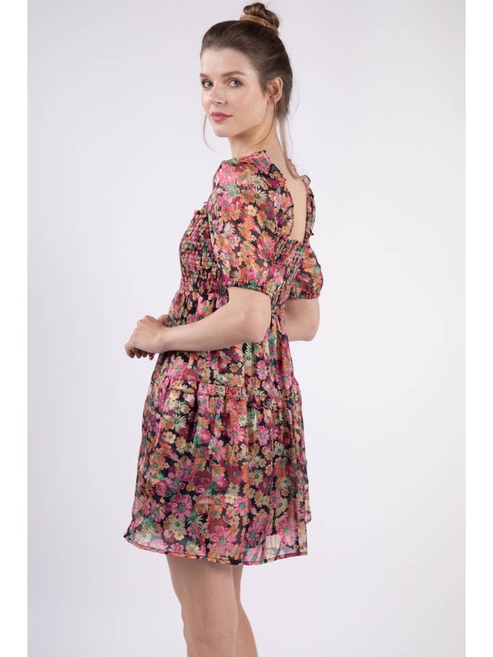 VERY J - Wholesale Dress - Women's - VD33872-Floral Organza Sheer Fabric Babydoll Mini Dress