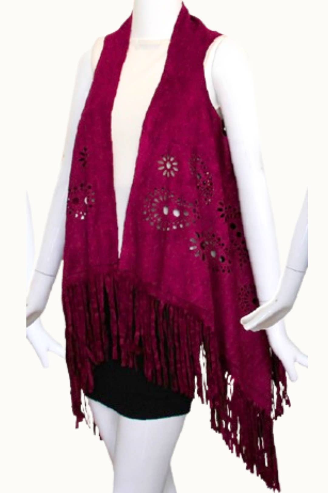 Olive & Pique - Venta al por mayor Chaleco de punto - Mujer - Chaleco vegano de gamuza con borlas y detalles recortados1