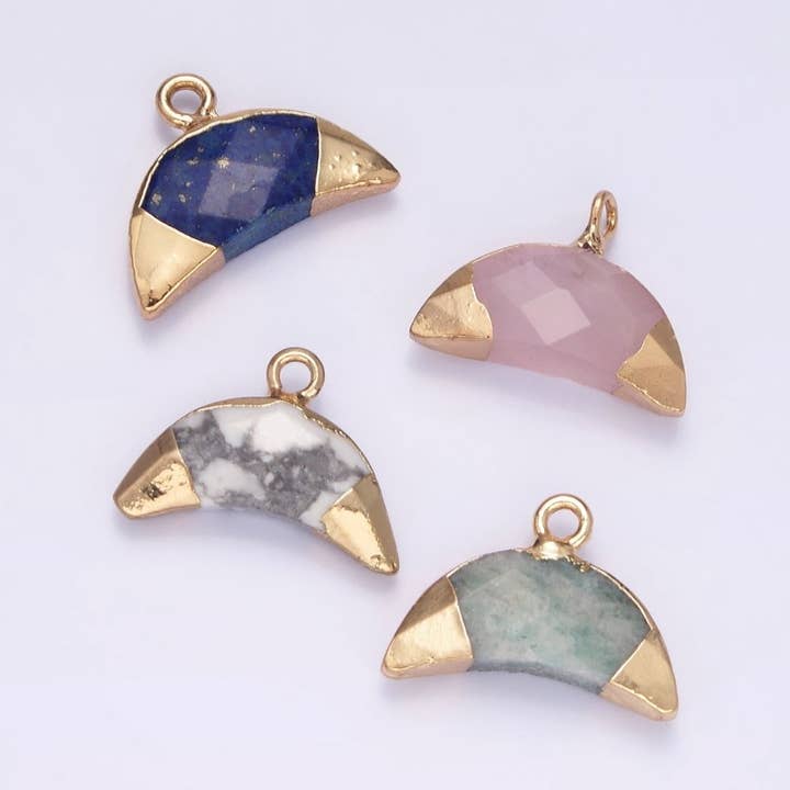 14K Gold Filled Lapis Lazuli, Amazonite, Rose Quartz, Howlite Crescent Horn Foiled Charm | N1745 - N1748 for wholesale by Aim Eternal