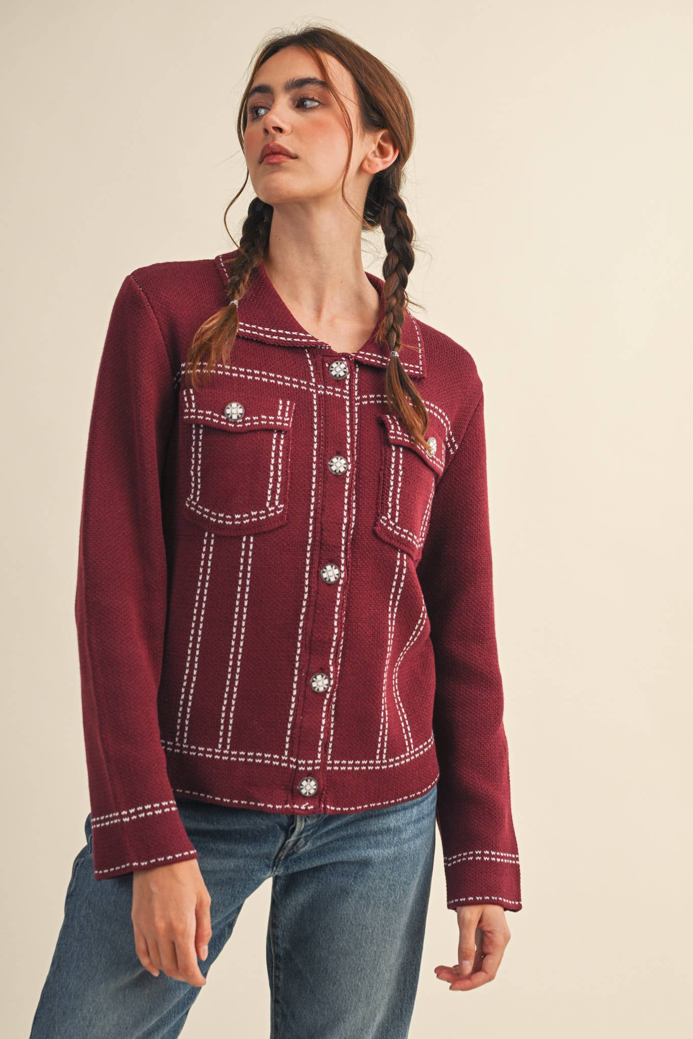 &MERCI - Wholesale Jacket - Women's - DENIM EFFECT KNIT SWEATER JACKET MSW1113025