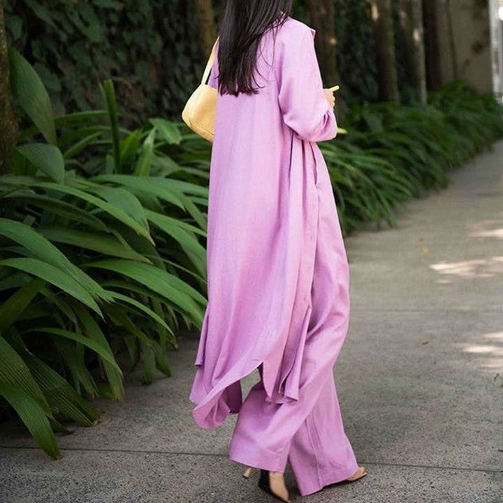 Plush Looks - Wholesale Top & Pant Set (NOT Loungewear) - Women's - Solid Color Long Trench Coat Camisole Wide Leg Pants Set