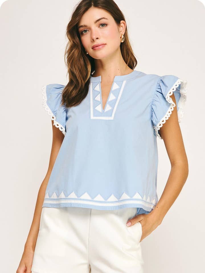 Contrast Embroidered Lace Trip Poplin Top for wholesale by Strut & Bolt