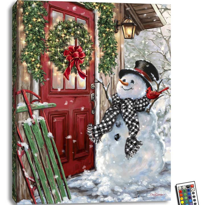 Glow Decor - Wholesale Christmas Wall Art - Front Porch Snowman 18x24 Fully Illuminated LED Wall Art