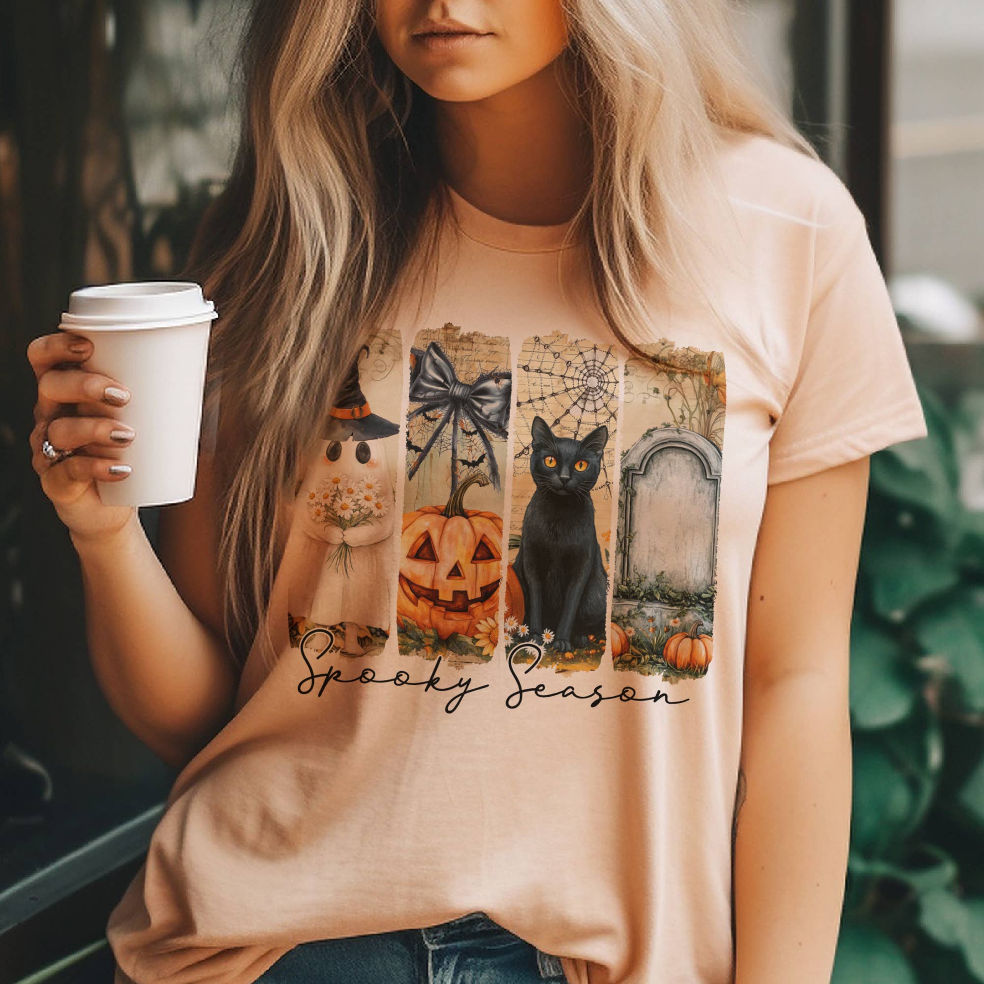 Par.tees by Party On! - Wholesale T-Shirt (Graphic) - Women's - Halloween Spooky Season Black Cat Pumpkin Panel Graphic Tee2