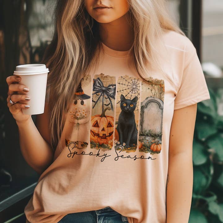 Par.tees by Party On! - Wholesale T-Shirt (Graphic) - Women's - Halloween Spooky Season Black Cat Pumpkin Panel Graphic Tee2