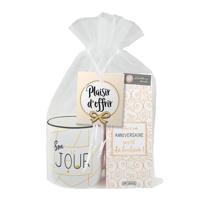 Coffret cadeau Bonjour tasse + lentilles au chocolat pour la vente par Art Grafik