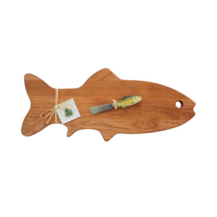 Fish Shape Serving Board with Bass Spreader for wholesale by Out of the Woods of Oregon