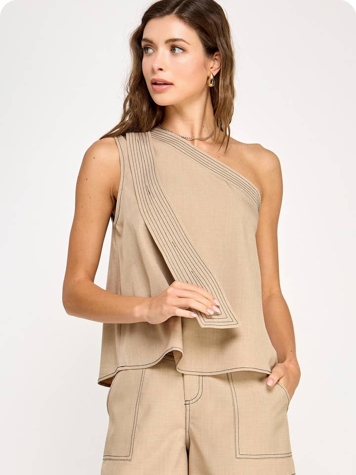 Strut & Bolt - Wholesale Blouse - Women's - Top Stitch Detail One Shoulder Top