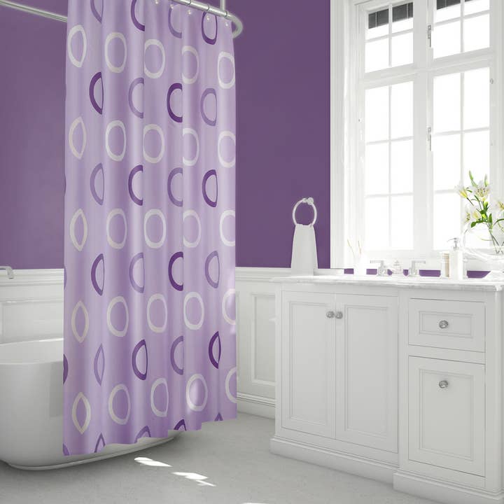 TROPIK HOME – wholesale Duschdraperi – Lila och vita ringar, Extra lång tyg badrum dusch2