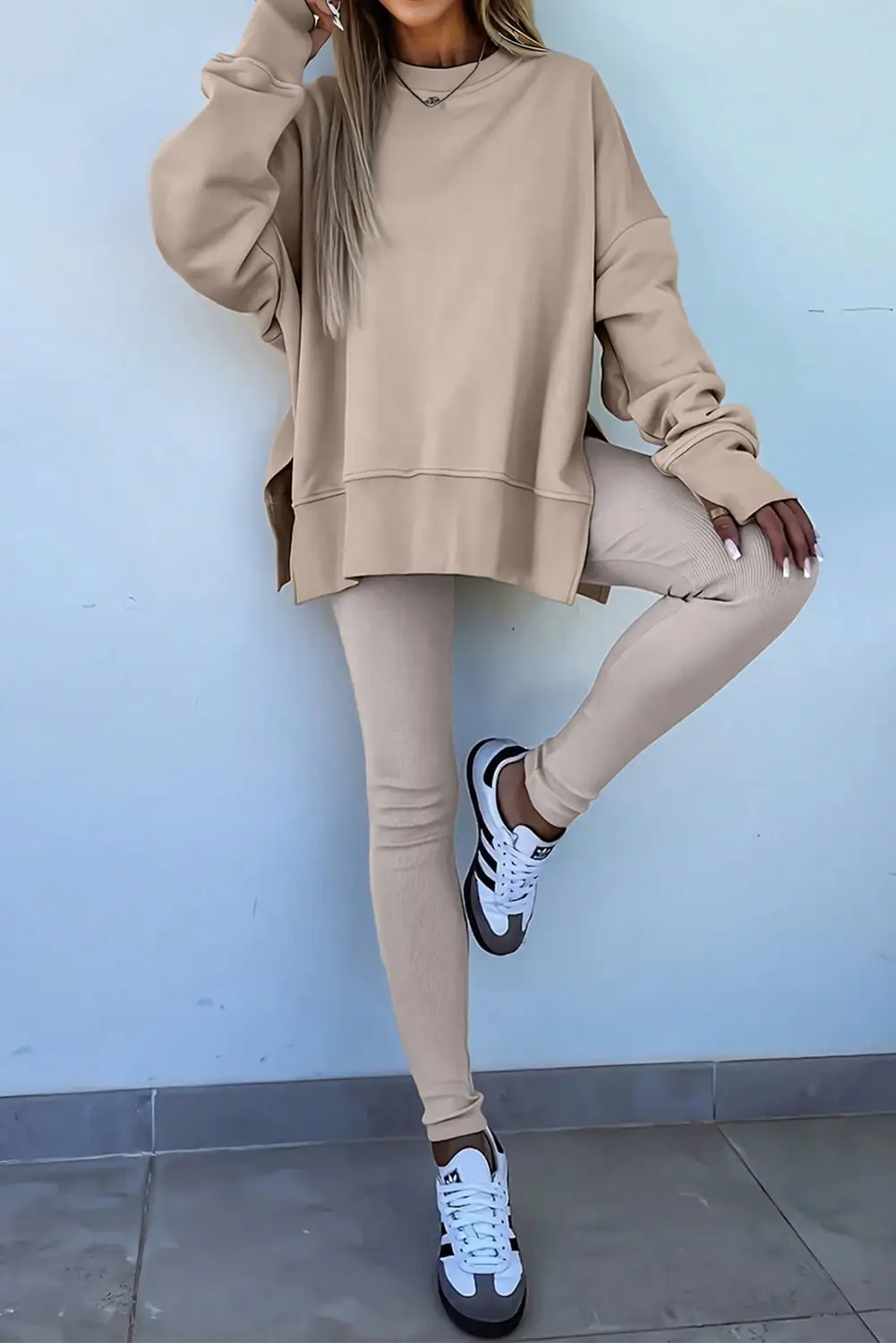 FULL TIME PURCHASE - Wholesale Lounge Set - Women's - Solid Color Oversize Slit Sweatshirt Ribbed Leggings 2pcsSet0
