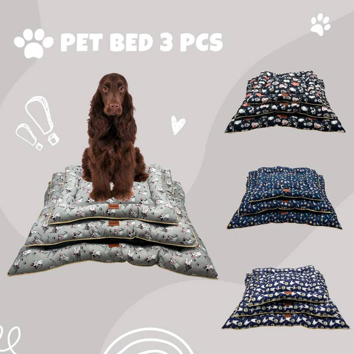 Set aus 3 Hundebetten aus Leinen mit Katzenmuster in 2 Farben für den Großhandel von Amomi