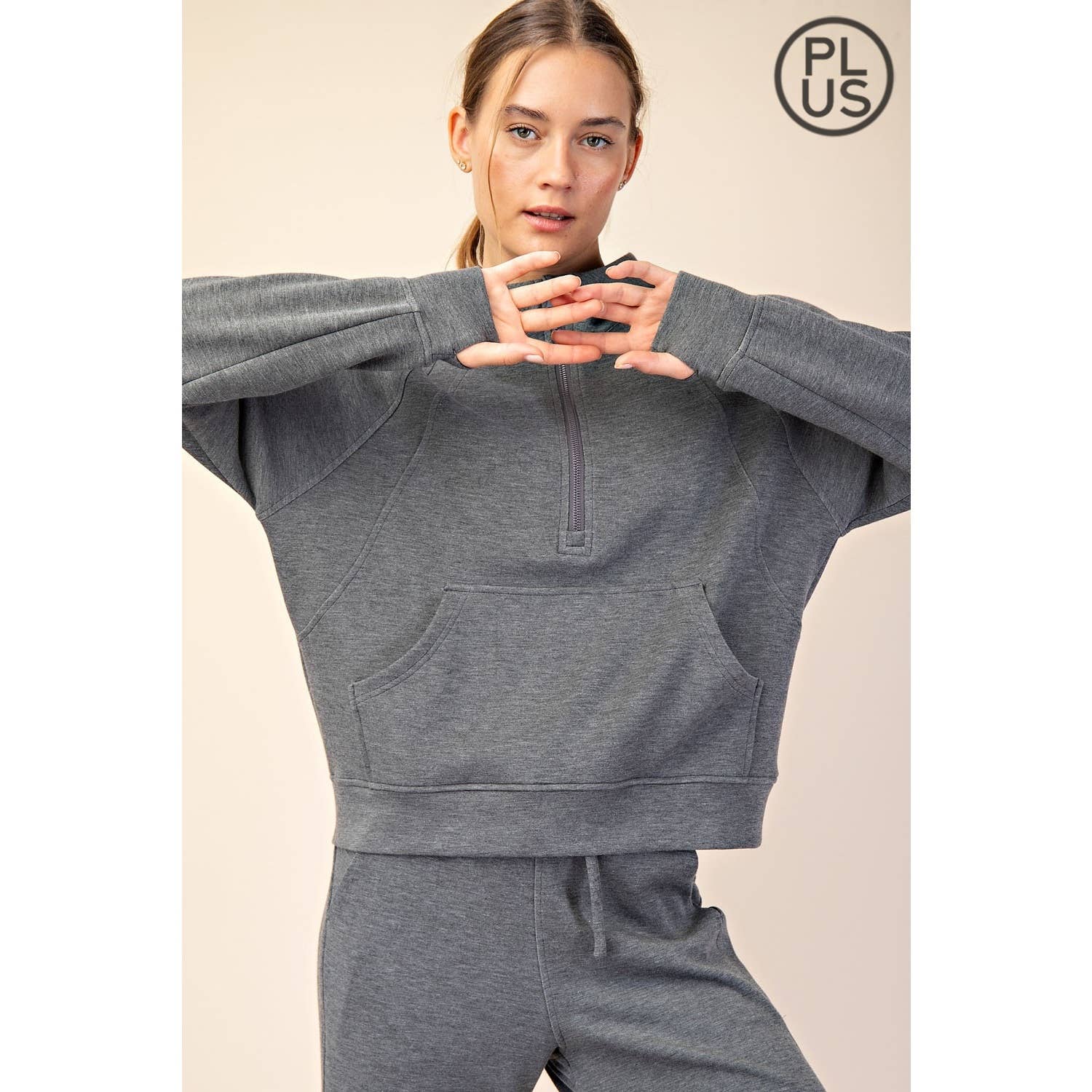 Rae Mode - Vente Veste de sport – femme - VESTE À CAPUCHE QUART DE ZIP EN SCUBA MODAL GRANDE TAILLE44