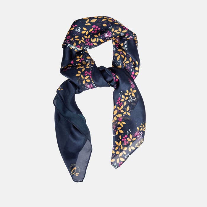 Navy Hummingbird Boxed Silk Scarf for wholesale by Sara Miller London