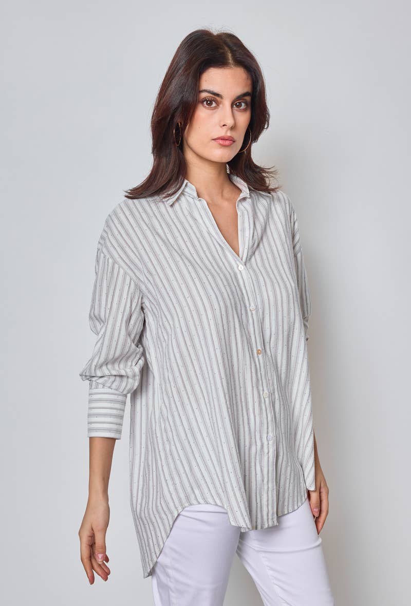 KY CREATION PARIS - Vente Chemise à col boutonné – femme - Chemise à rayures avec strass5