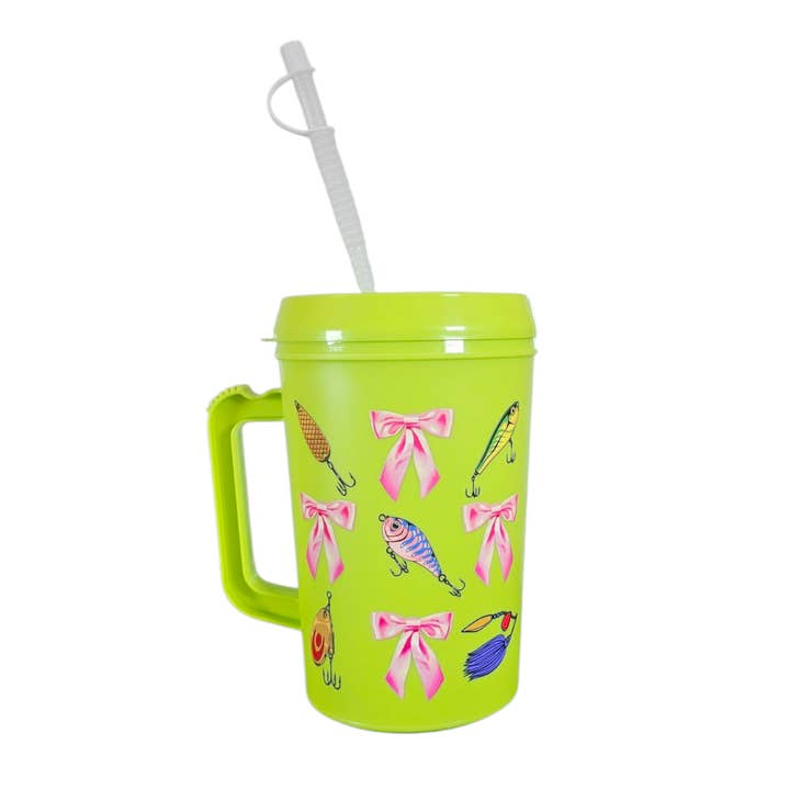 Scratch Decor - Wholesale Insulated Mug/Tumbler - Fishing Lures Pink Bows HIP SIPS Mega Trucker Mug 34oz