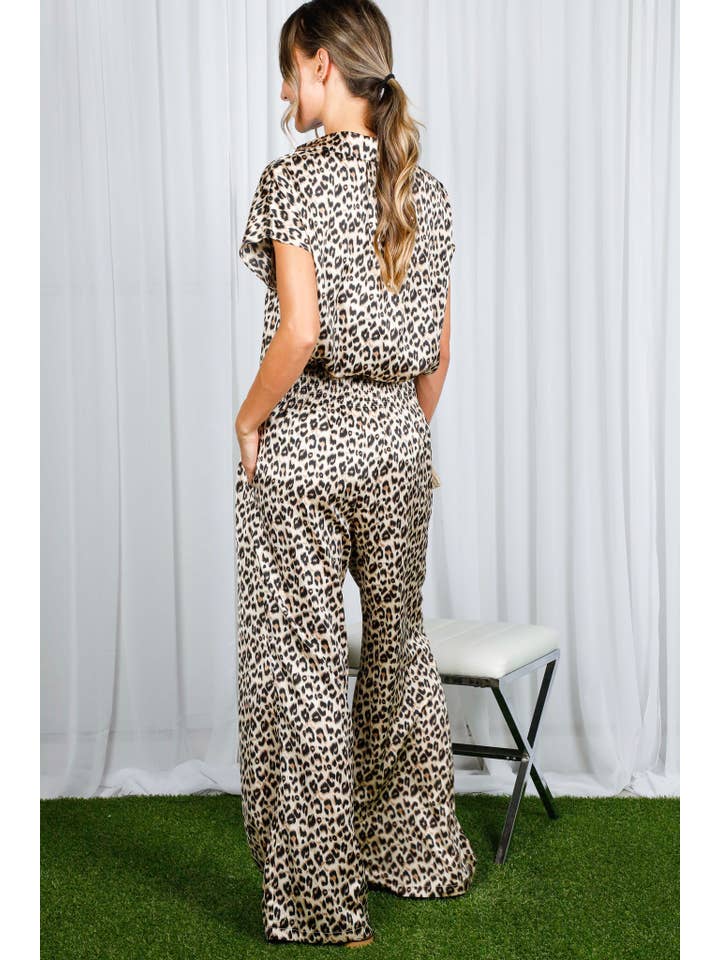 Brown Leopard Printed Wide Leg Satin Woven Pants VP81443F for wholesale on Faire8