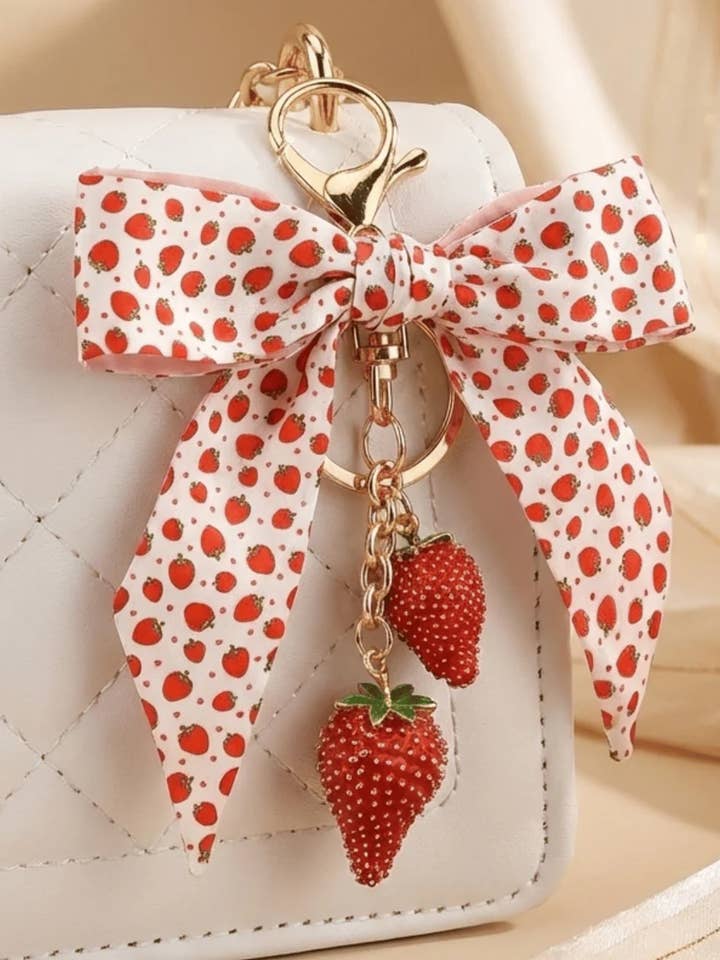 Satin Bow with Strawberry Charm Keychain-W for wholesale by Swaary